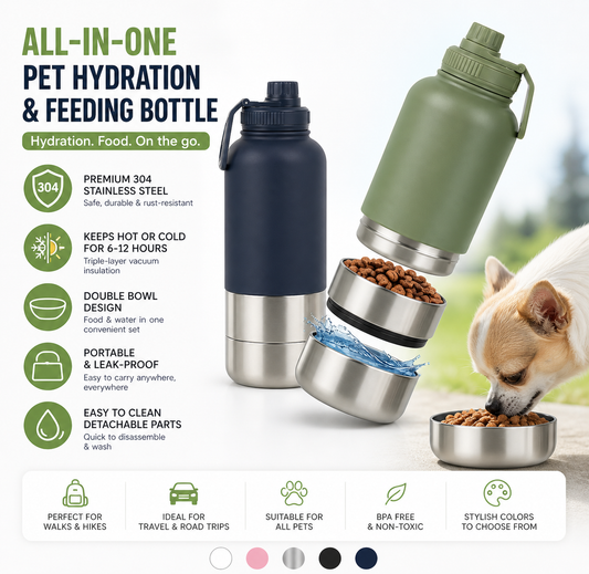 All-in-one pet hydration and feeding bottle with two color options and a dog eating from a bowl.