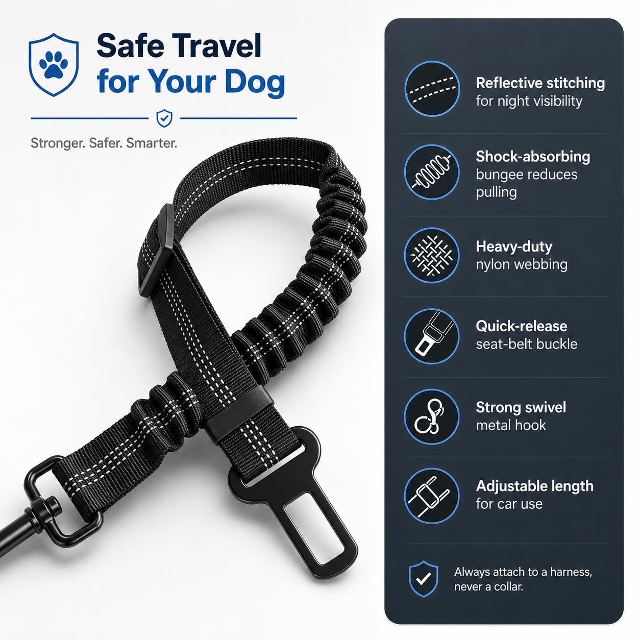 Reflective Dog Car Seat Belt — Shock-Absorbing Bungee Safety Restraint