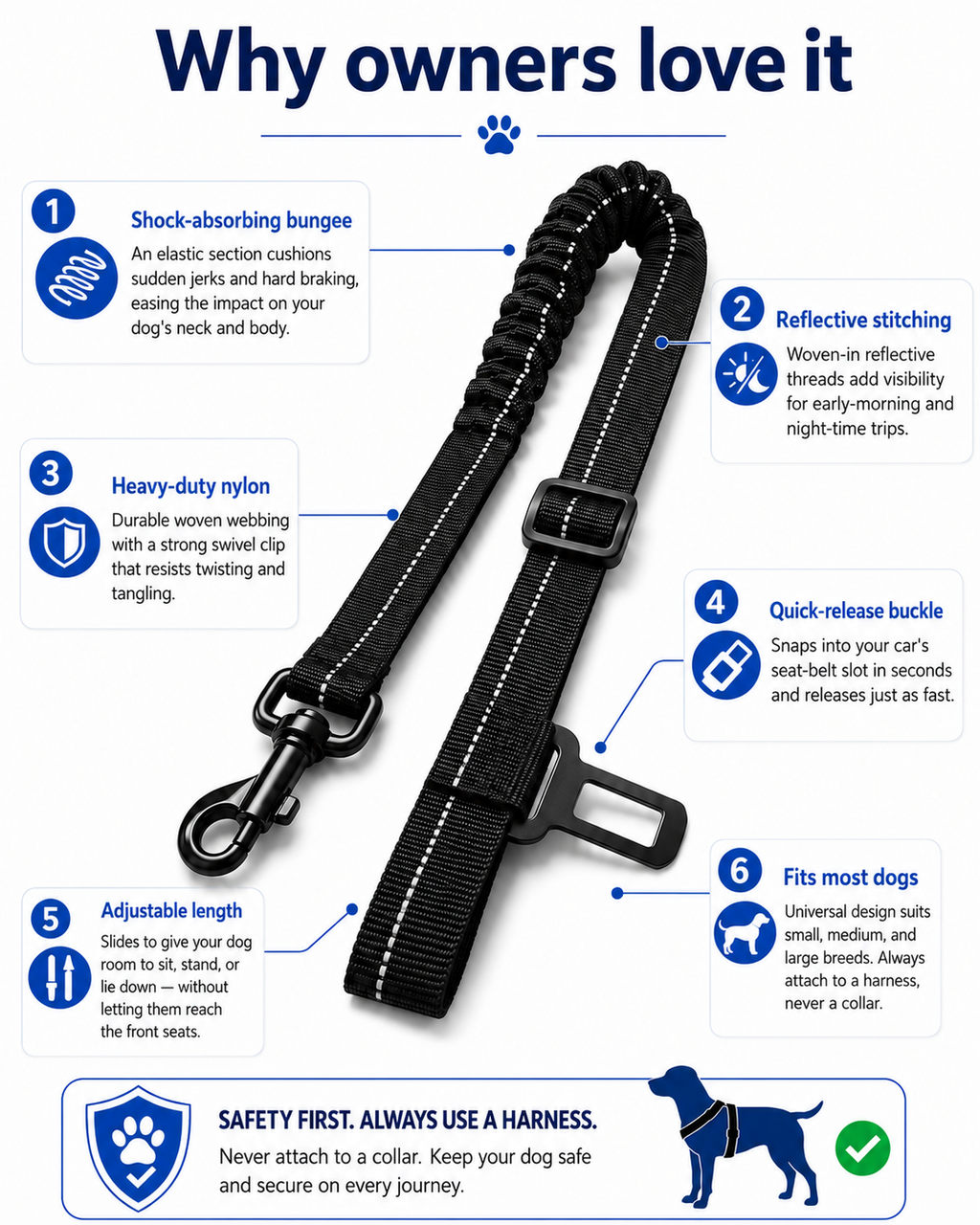 Reflective Dog Car Seat Belt — Shock-Absorbing Bungee Safety Restraint