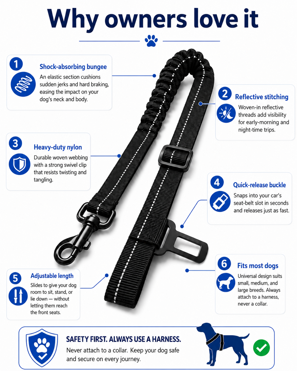 Reflective Dog Car Seat Belt — Shock-Absorbing Bungee Safety Restraint