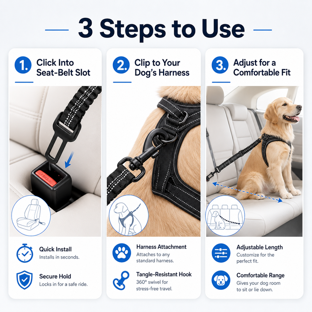 Reflective Dog Car Seat Belt — Shock-Absorbing Bungee Safety Restraint