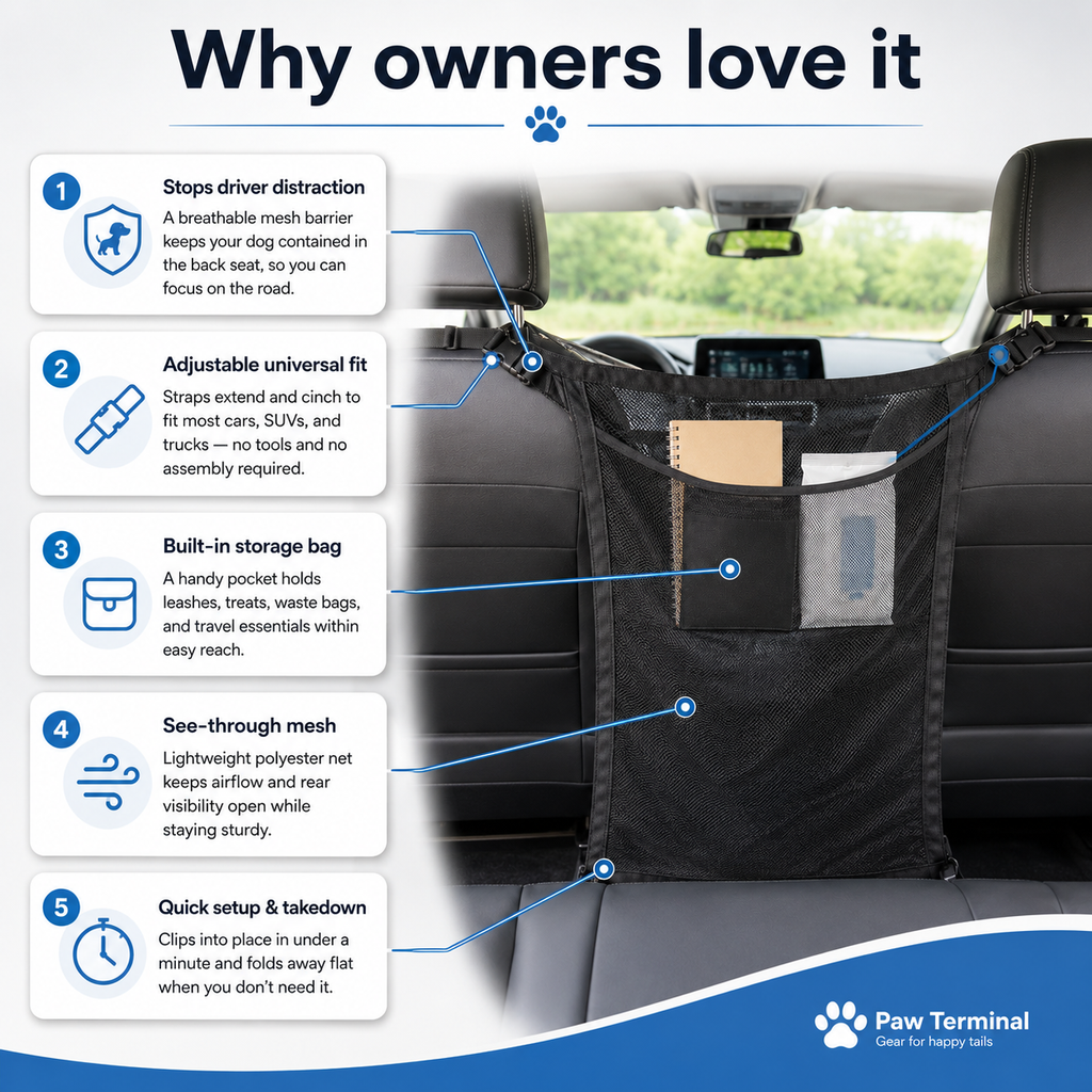 Adjustable Dog Car Barrier Net with Storage Bag — Back Seat Pet Divider