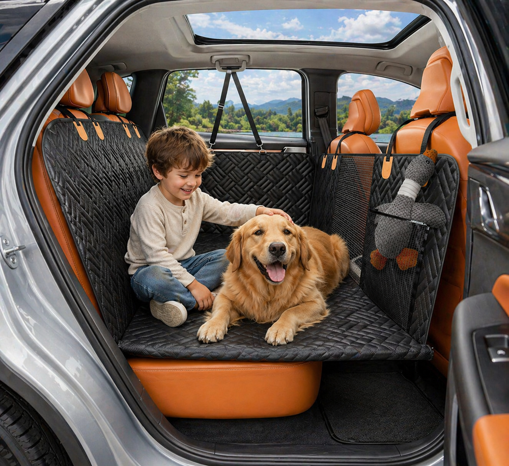 Child sitting with a dog on a car seat cover in a vehicle