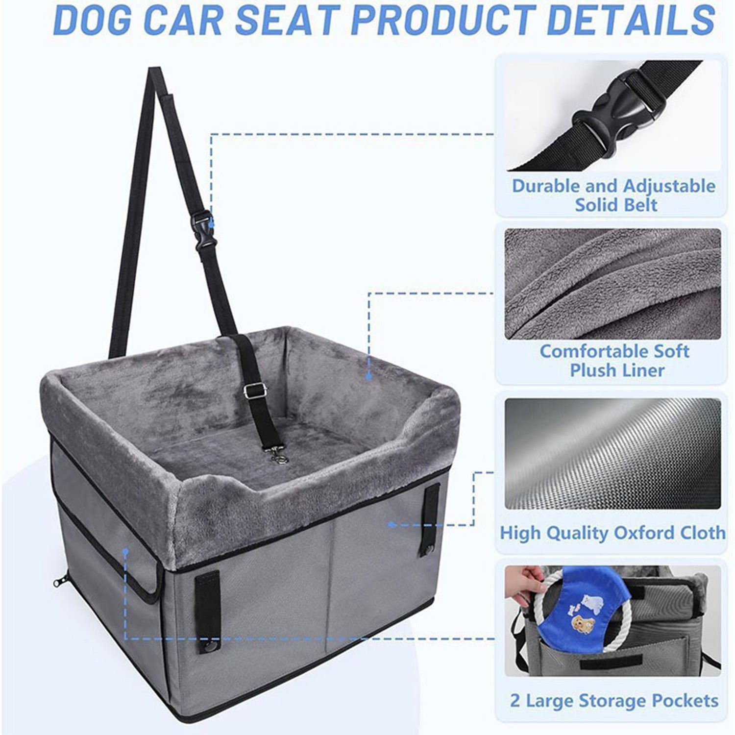Dog car seat with features highlighted on a white background