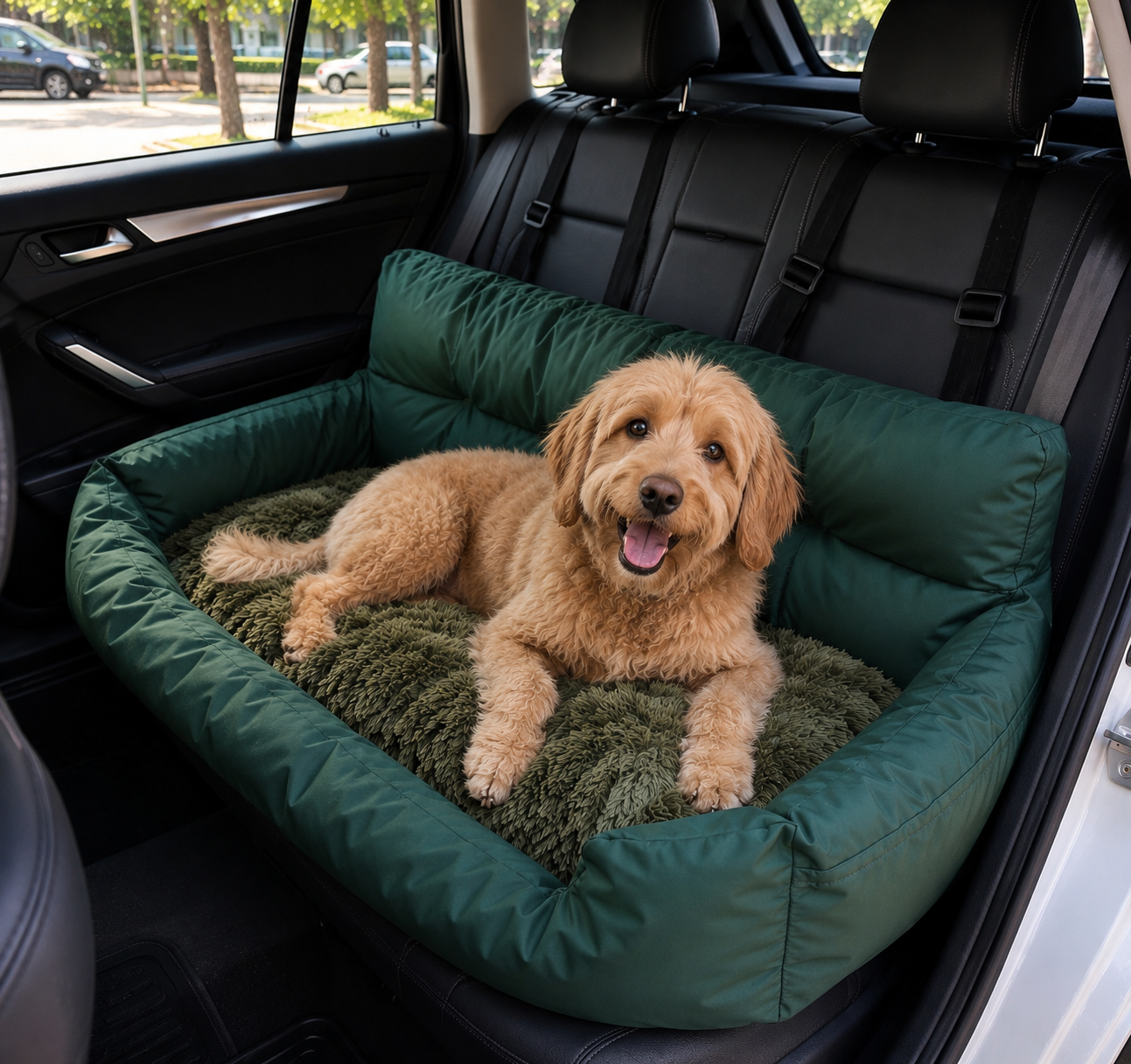 Dog lying on a green pet bed inside a vehicle