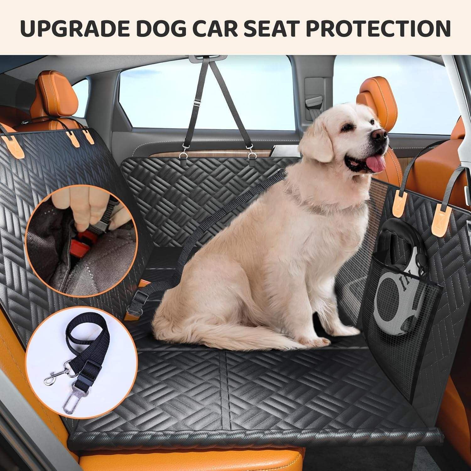 Dog sitting on a car seat cover with additional accessories in a vehicle.
