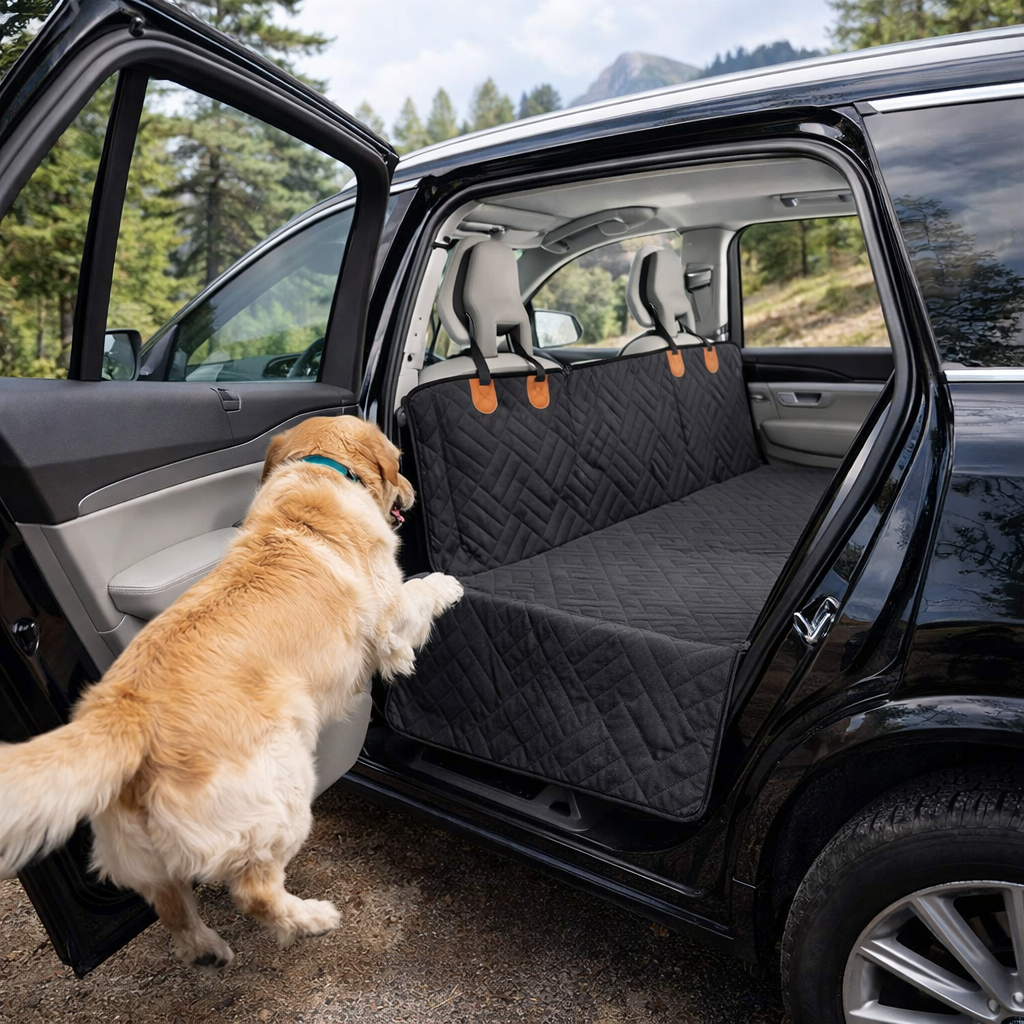 Dog standing next to a car with a pet seat cover in the back