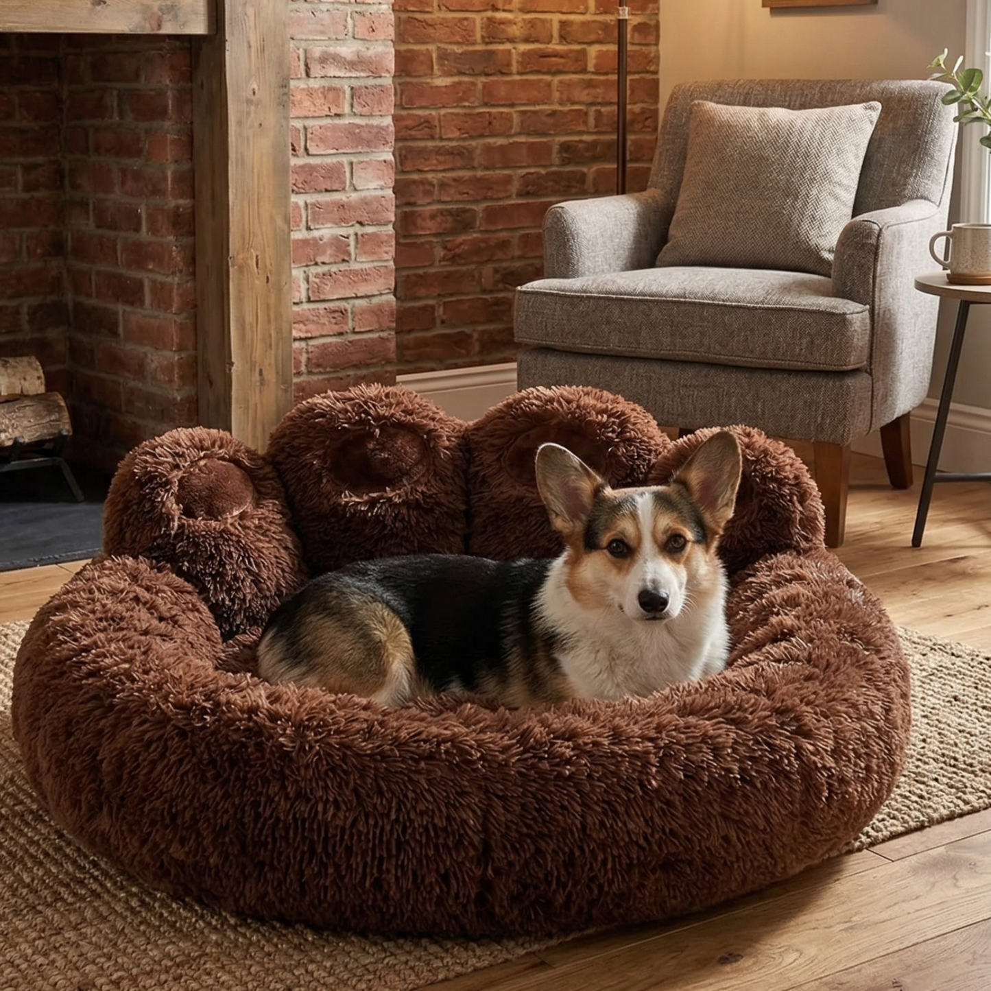 Dog lying on a brown plush dog bed in a cozy living room with a fireplace and armchair.