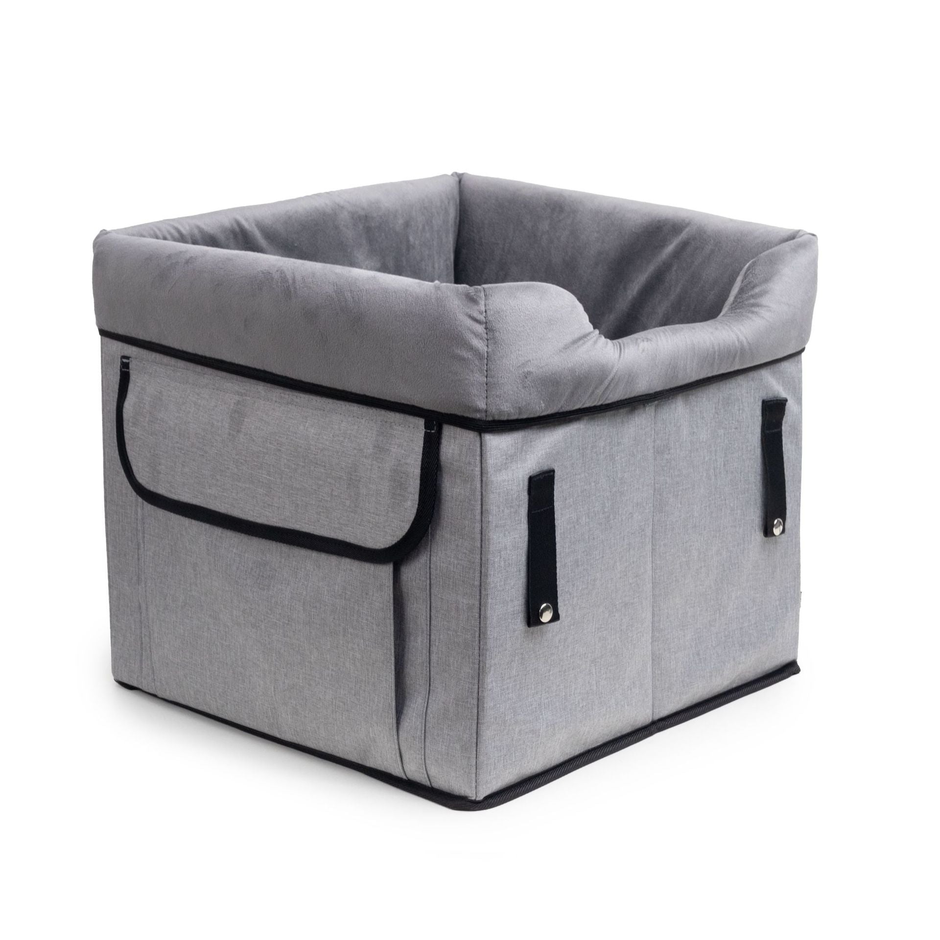 Gray pet carrier with black accents on a white background