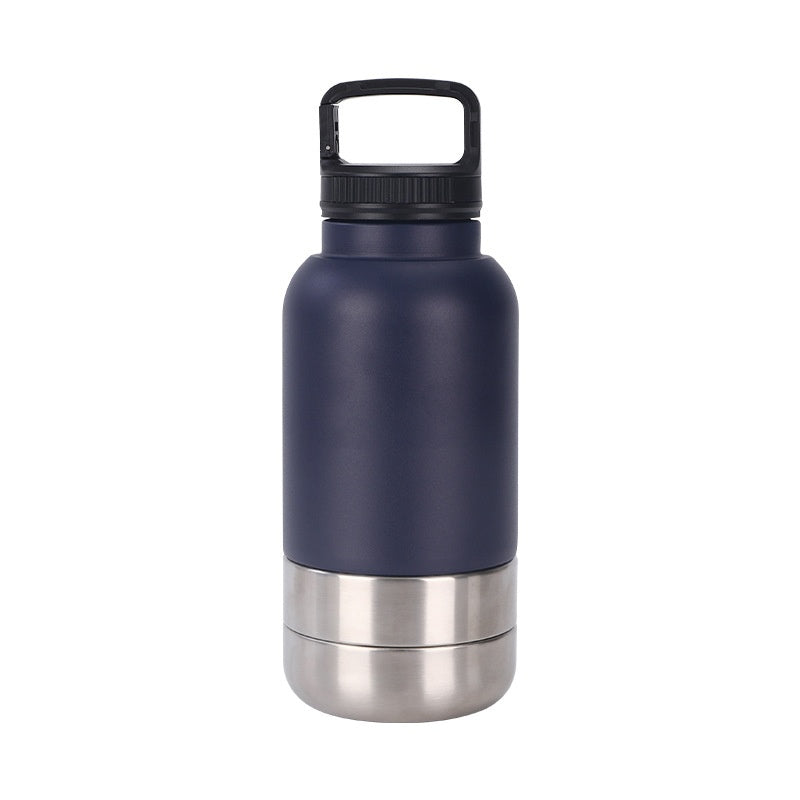Navy blue and silver insulated bottle on a white background