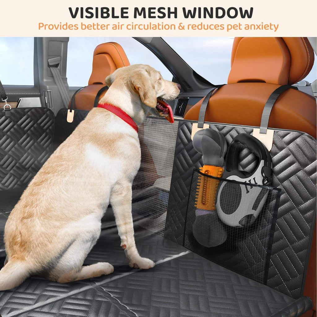Pet car seat cover with visible mesh window in a vehicle, showing a dog and toys.