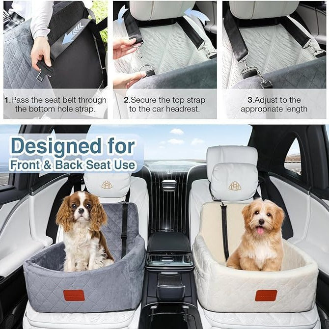 Pet car seat with instructions on how to use it, featuring a dog inside.