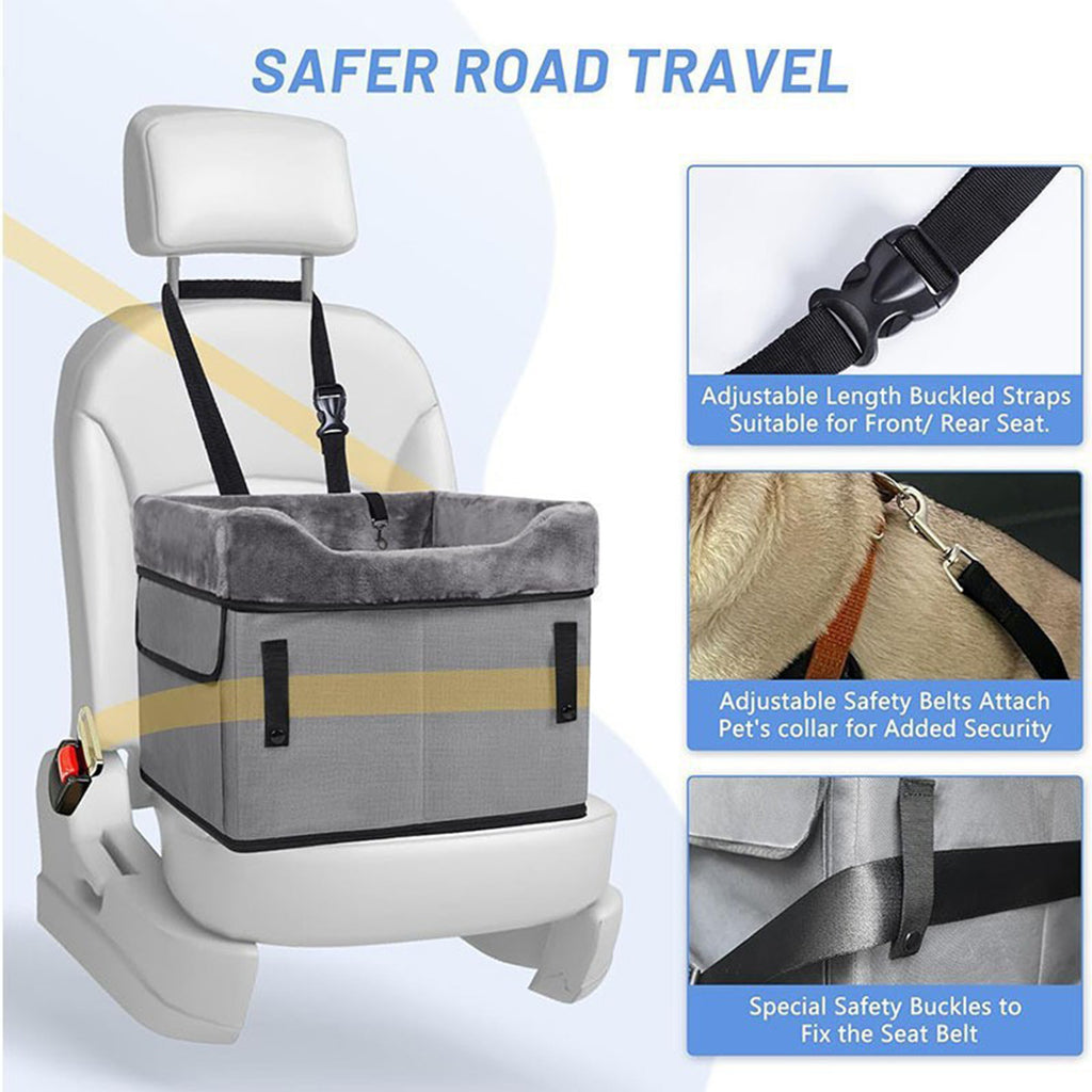 Pet seat cover with safety straps on a car seat, emphasizing safer road travel.