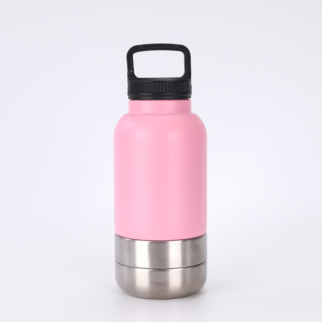 Pink water bottle with black cap on a white background
