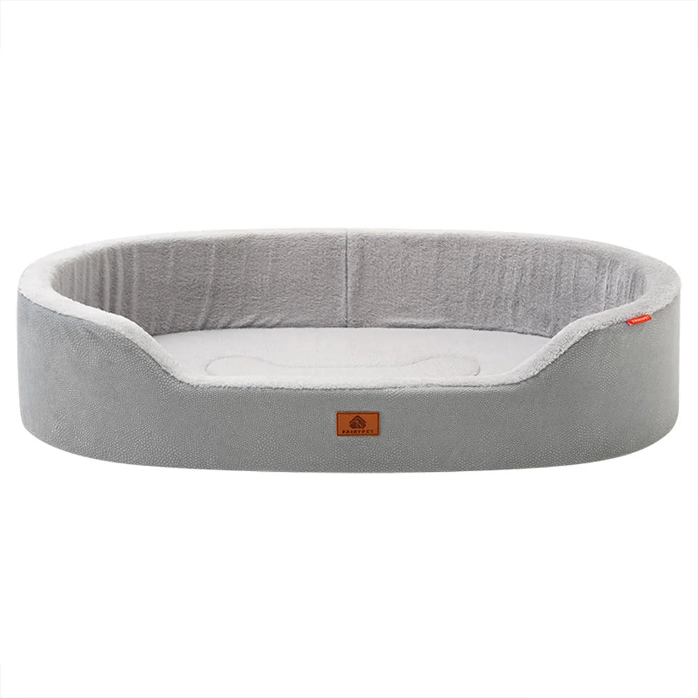 Gray pet bed with size chart on a white background