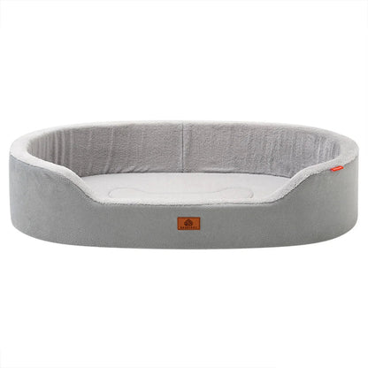 Gray pet bed with size chart on a white background
