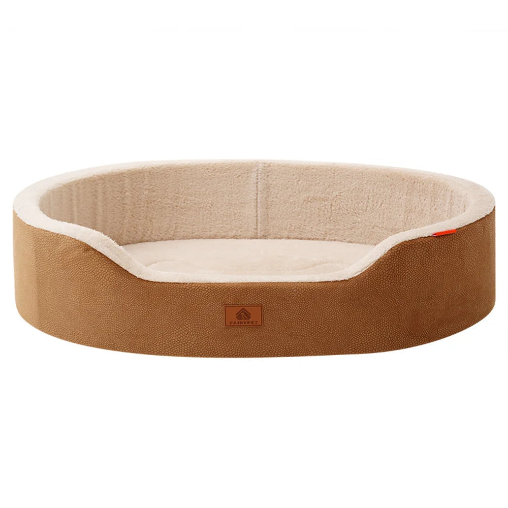 Brown pet bed with size chart on a white background