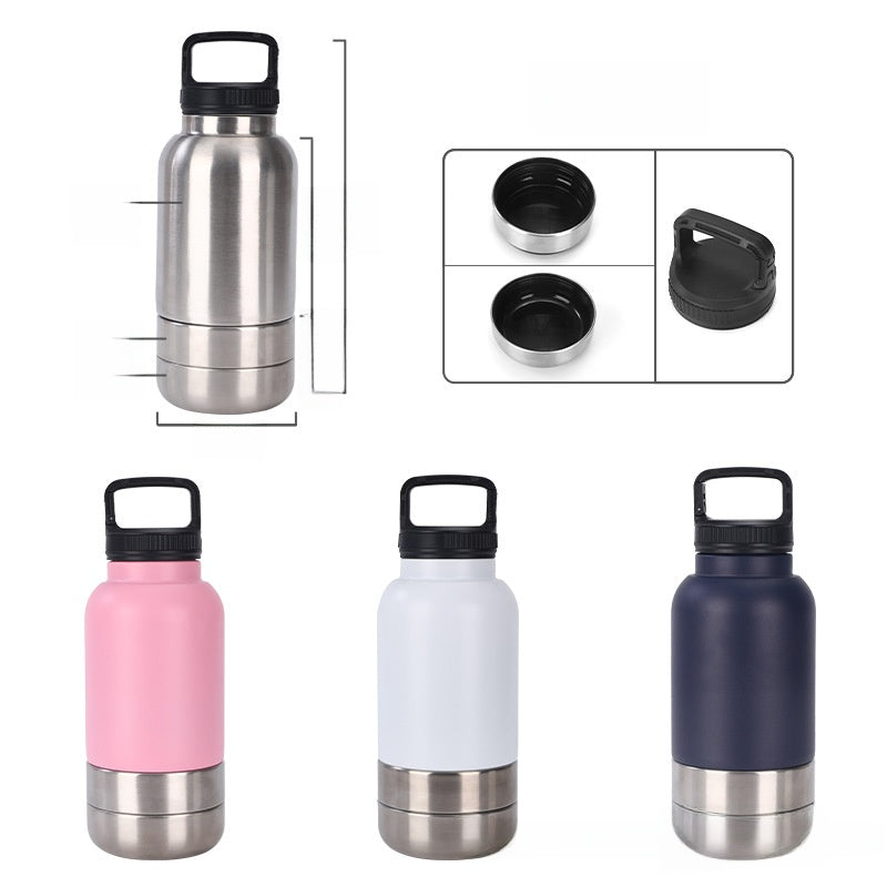 Stainless steel water bottles in various colors with black lids on a white background.