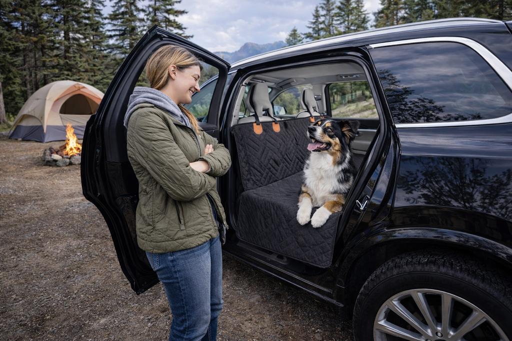 Woman standing next to a car with a dog in the back seat, camping in the background.